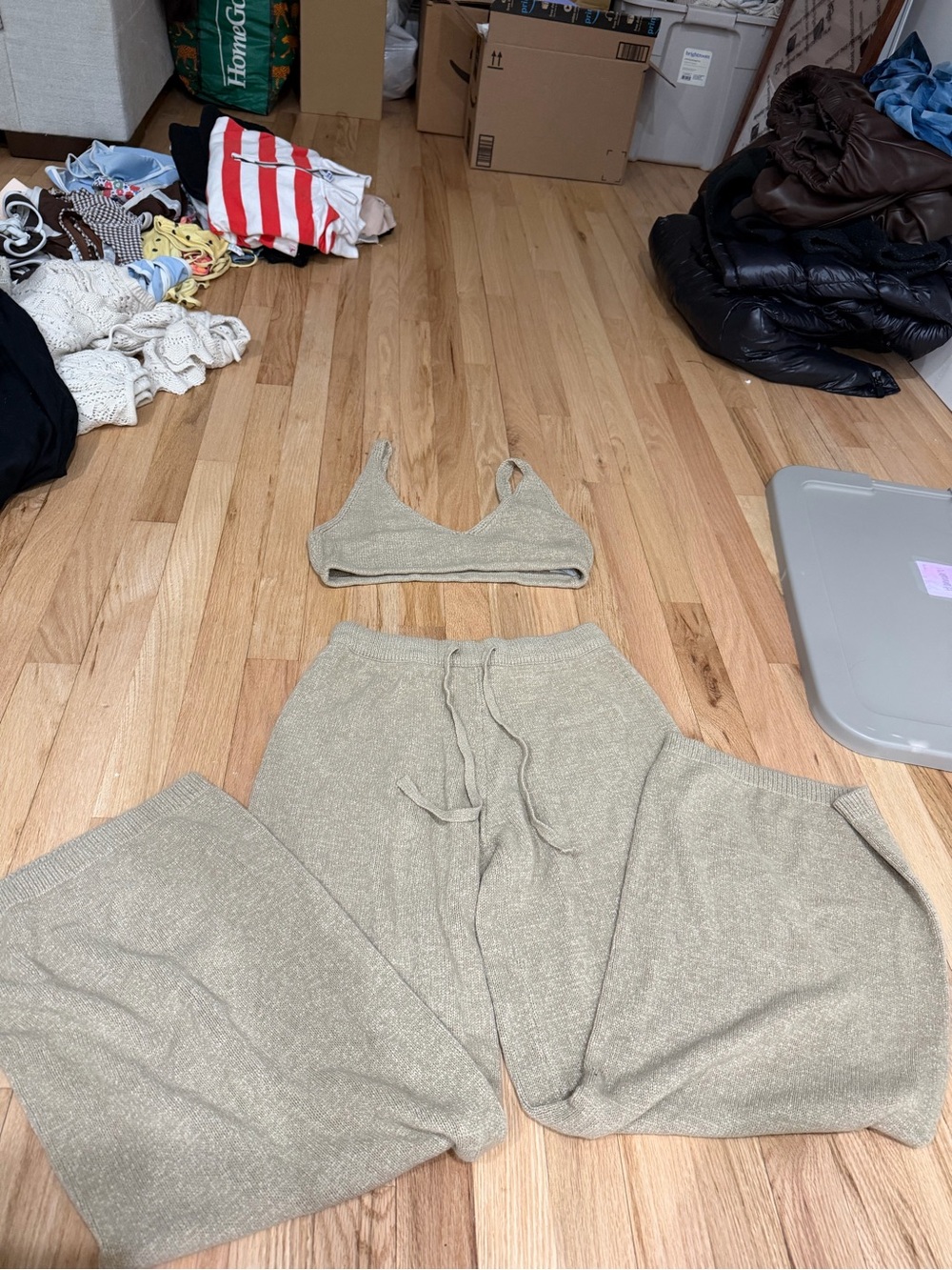 Cozy Knit Drawstring Lounge Pants & Bralette Set - Beige